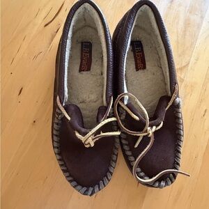 L.B. Evans Brown Suede Moccasin Slippers with Shearling Lining